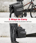 34L Waterproof Bike Pannier Bag With Rain Cover mounted on bike and carried by hand, showcasing versatility in black.