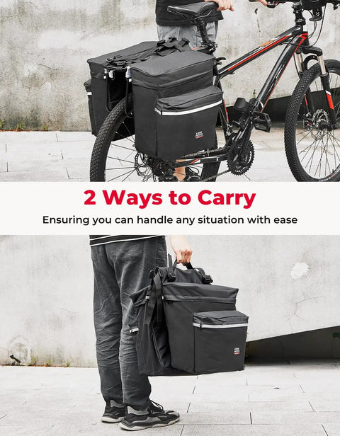 34L Waterproof Bike Pannier Bag With Rain Cover mounted on bike and carried by hand, showcasing versatility in black.