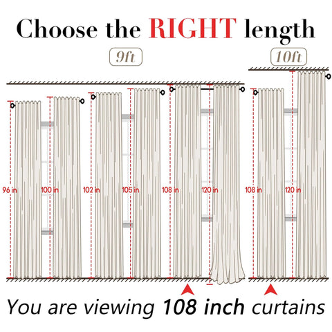 Diagram showing 108 Inch Linen Look Curtains Set Of 2 Panels For Ceiling Track System with various installed lengths and hooks.