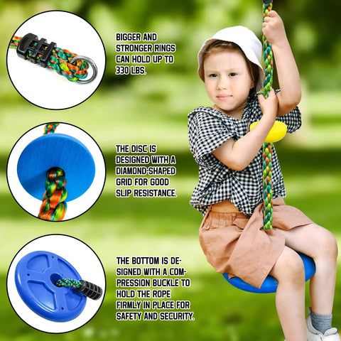 Child on Kid Friendly Outdoor Swing Set With Disc Seat Climbing Rope And Platform Heavy Duty Tree Swing Kit Includes Carabiner 4 Ft Tree Straps And Tree Protector Safe Backyard Playground Must Have For Active Fun.