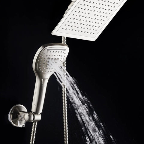 Ultra Luxury 9 Inch Rainfall Shower Head And Handheld Combo with satin nickel finish and push button flow control in operation.