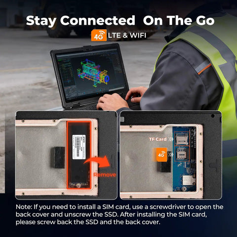 Tough As Nails Rugged Laptop With 15.6 Inch Sunlight Readable Display showing SIM and SSD installation instructions in a work setting.