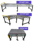 Hefty Expandable Roller Conveyor Adjustable From 47 To 118 Inches Long Heavy Duty Steel Beams And Pallet Moving System in straight, curved, and folding types.