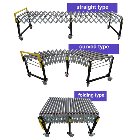 Hefty Expandable Roller Conveyor Adjustable From 47 To 118 Inches Long Heavy Duty Steel Beams And Pallet Moving System in straight, curved, and folding types.