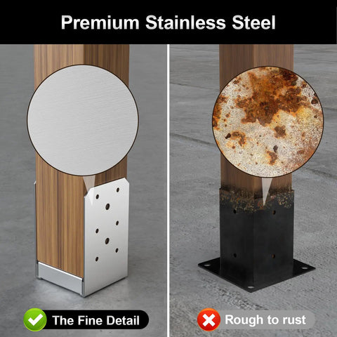 4x4 Post Base Kit with 2 stainless steel adjustable brackets comparison, premium stainless steel vs rust-prone metal