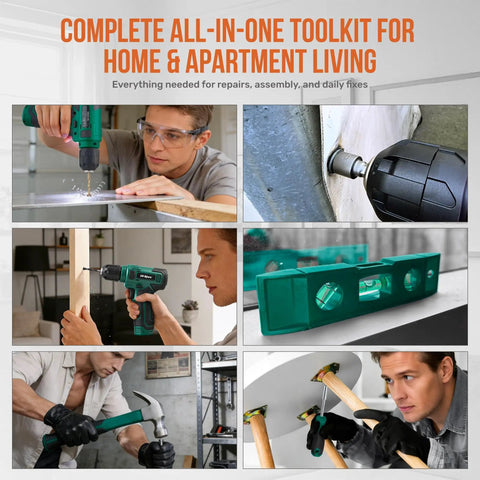 Man using 8V Cordless Drill Set With USB Rechargeable Driver from Compact Tool Box for DIY projects, showing close-up and usage view.