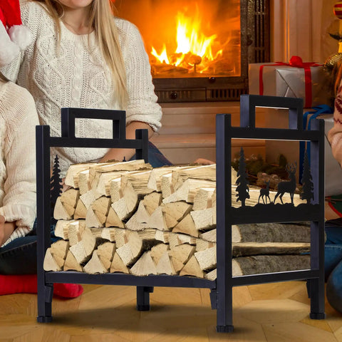 Beefy Heavy Duty Steel Firewood Rack For Indoor And Outdoor Use Log Holder, black powder-coated with logs, by fireplace.