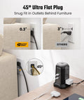 Nine Outlet Tower Surge Protector With Four USB Ports And A 10 Ft Cord, Grounded Plug In Desktop Charging Station, Black shown behind sofa