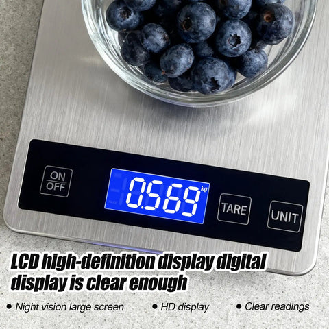 Digital Kitchen Scale For Home Chefs With 33Lb Capacity, Precise 1g/0.1oz Weighing, LCD Display Showing Blueberries In Bowl