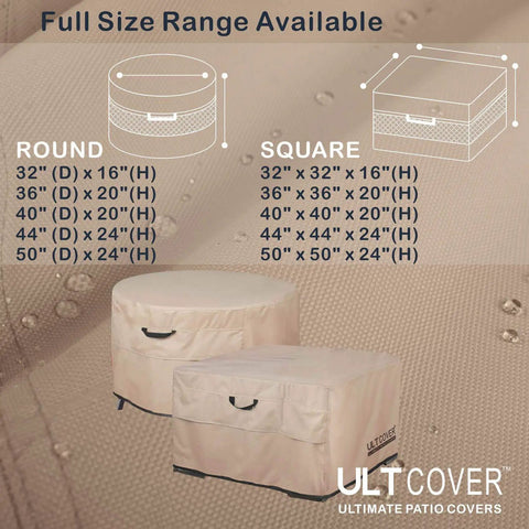 Square 44 Inch Patio Fire Pit Table Cover Waterproof Outdoor Shield Keeps Rain Snow Leaves And Bird Droppings Out With Beefy 600D Polyester And Breathable Vents For Easy Airflow And Long Lasting Protection, showing size options and material close-up.