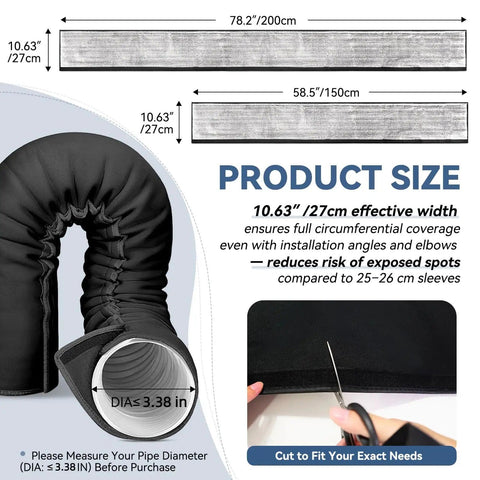 Five Layer HVAC Pipe Insulation Foam Tube Cut To Fit 59 Inch By 10.6 Inch For One Quarter To Three Inch Copper Pipes Flexible Split Sleeve For Your Mini Split And Central AC Black showing product size and cutting instructions