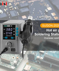 700W Hot Air Soldering Station For PCB Repair 110 220V Rework Station With Dual Digital Displays Temperature Range 100 To 500 Celsius Quick Nozzle Change BGA SMD Soldering For Phone PCB Repair shown with digital display and circuit boards.