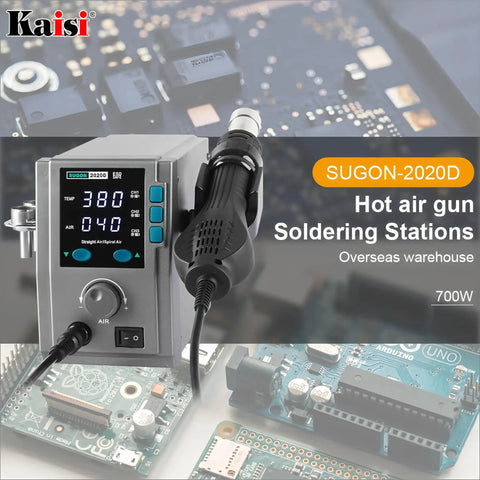 700W Hot Air Soldering Station For PCB Repair 110 220V Rework Station With Dual Digital Displays Temperature Range 100 To 500 Celsius Quick Nozzle Change BGA SMD Soldering For Phone PCB Repair shown with digital display and circuit boards.