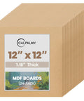 Smooth Unfinished Mdf Craft Boards 24 Pack 12 By 12 Inches 1/8 Inch Thick Medium Density Fiberboard Sheets stacked with label.