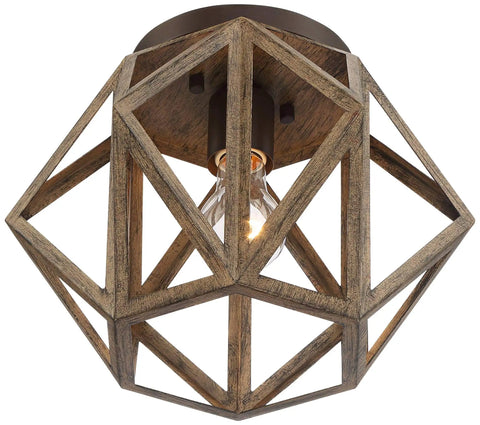 Elevate Your Home Decor With This Straight Up Solid Rustic Flush Mount Ceiling Light Featuring A Dope Wood Finish That Brings Serious Farmhouse Vibes To Any Room UL Certified Easy Setup Perfect For Modern Living Spaces Today. Hexagon rustic wood frame light showing warm glow.