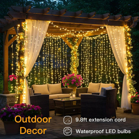 Outdoor patio with 200 LED Curtain String Lights For Indoor Outdoor Use With 8 Modes And Timer Warm White Fairy Lights, at night