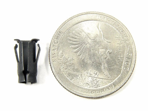 Bulletproof Black Tubular Barrel Nuts For Locking Down Emblems And Exterior Trim Panels Compatible With 7/32 Inch Holes And 3/16 Stud Sizes Includes 25 Auto Fasteners next to a coin for size comparison.