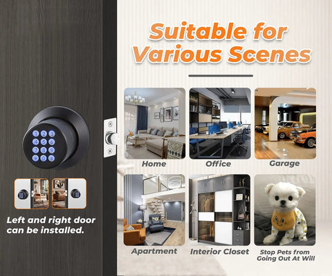 Electronic black keypad door knob installed on door with images of home, office, garage, apartment, and pet area suitability.