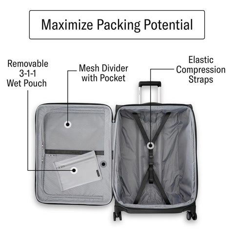 Samsonite UpLIFT softside carry-on luggage, black, open view with mesh divider and removable 3-1-1 wet pouch