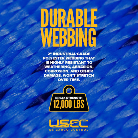 Close-up of Durable Webbing text over blue industrial-grade polyester with 12,000 lbs break strength label
