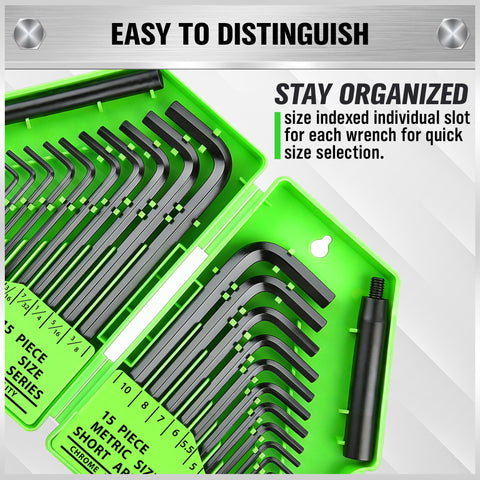 32 Piece Hex Key Set With SAE And Metric Allen Wrenches in green case, L Shaped Hex Keys, Chrome Vanadium Steel, includes 2 extensions