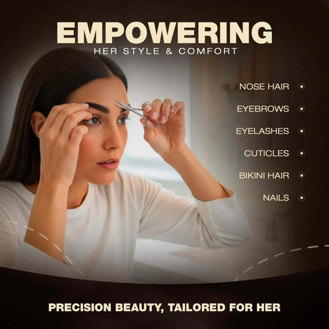 Woman using scissors from Two Piece Nose And Eyebrow Scissors Set For Men And Women Stainless Steel Small Grooming Scissors with Curved Heads