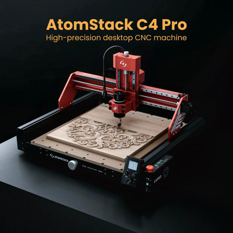 Pro Grade 200W CNC.Router And Desktop Milling Machine with red spindle carving intricate designs on wood.