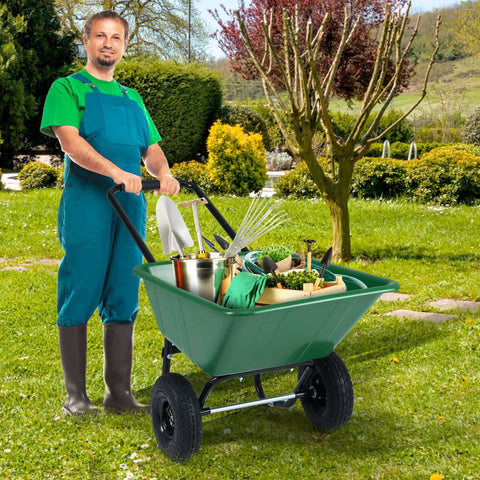 Gardener using Two Wheel Wheelbarrow Garden Cart With 330 Lbs Capacity And 21 Gallon Volume Heavy Duty Yard Dump Cart in garden