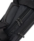 Close-up of zippers and strap on rugged waterproof sword case with padded lining and shoulder strap, 48 inch martial arts bag