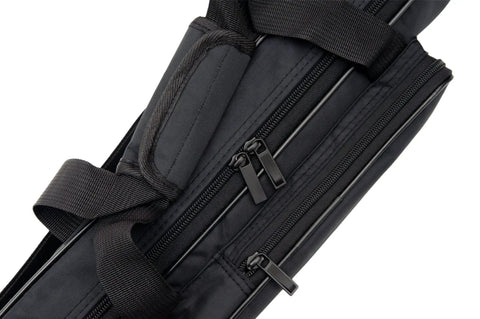 Close-up of zippers and strap on rugged waterproof sword case with padded lining and shoulder strap, 48 inch martial arts bag
