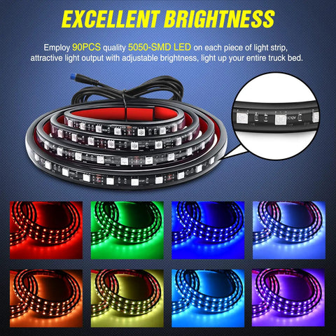Close-up of Three Piece 60 Inch RGB Truck Bed Light Kit With 270 LED Neon Accent Lighting And RF Remote On Off Switch Plus Splitter Extension