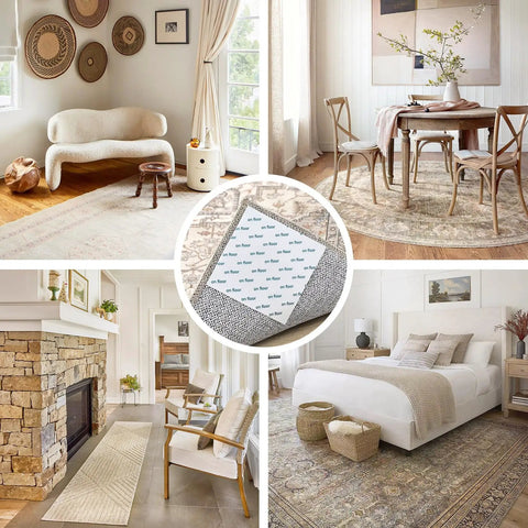 Collage showing No Slip Rug Tape For Rubber Backed Rugs 12 Pack Anti Slip Rug Grips Stickers in stylish home settings