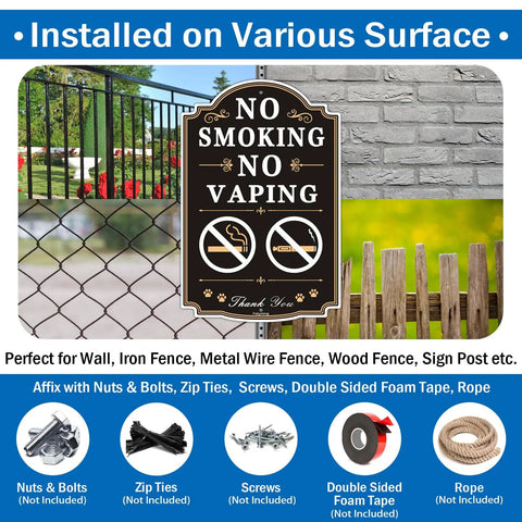 Straight Up No Smoking Or Vaping Sign Top Shelf 12X8 Inch Heavy Duty Rust Free Aluminum Board attached to various surfaces.