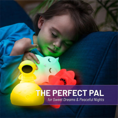 Child sleeping with Animal Night Light For Kids With Rechargeable Silicone And ABS Nursery Glow In 8 Calming Colors Soft Non Toxic Lamp