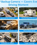 Wireless RV Camera System Plug And Play For Pre Wired RVs showing various monitoring scenarios including campsite and marina.