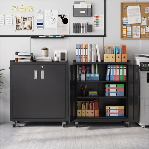 Top Shelf Metal Storage Cabinet With Heavy Duty Rollers Lockable Rolling Tool Chest For Garage And Shop Smooth Riding Casters And Adjustable Shelving In Matte Black
