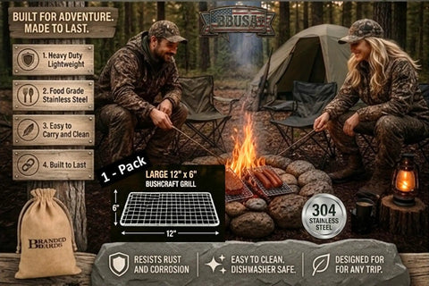 Outdoor camping scene with Portable Bushcraft Stainless Steel 304 BBQ Grill Grate With Burlap Hemp Drawstring Bag Large 6x12 Inch