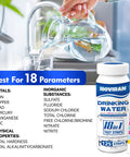 18 Parameter Drinking Water Test Strips Kit For Home And Well Water Testing 125 Count next to glass of water being poured