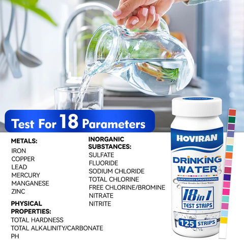 18 Parameter Drinking Water Test Strips Kit For Home And Well Water Testing 125 Count next to glass of water being poured