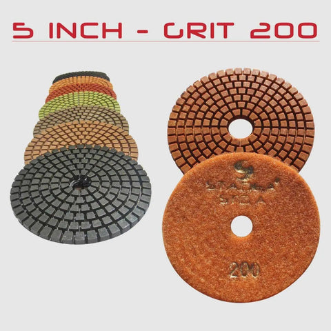 Pro Grade 5 Inch Wet Diamond Polishing Pads Set For Concrete And Stone Grits 50 100 200 400 Standard A Resin Bonded, grit 200 pad