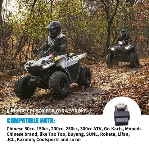 Two riders on ATVs in forest, highlighting compatibility with Six Pin DC CDI Box For GY6 4 Stroke Scooters And ATVs.