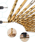 YXYL 19-piece hex-shank drill bit set for wood; titanium-coated HSS bits in gold finish