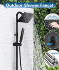 Wall Mounted Outdoor Shower System With Matte Black Finish Featuring A 6 Inch Square Rainfall Shower Head, Handheld Spray