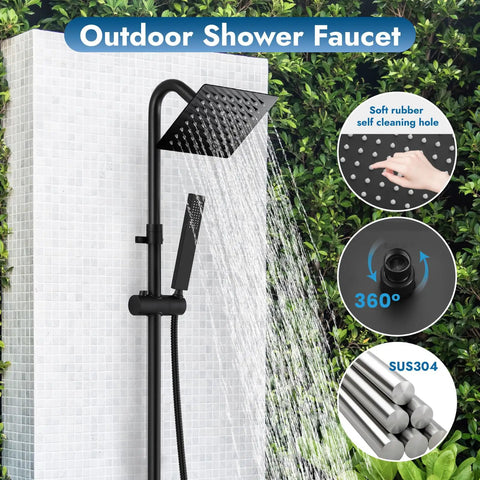 Wall Mounted Outdoor Shower System With Matte Black Finish Featuring A 6 Inch Square Rainfall Shower Head, Handheld Spray