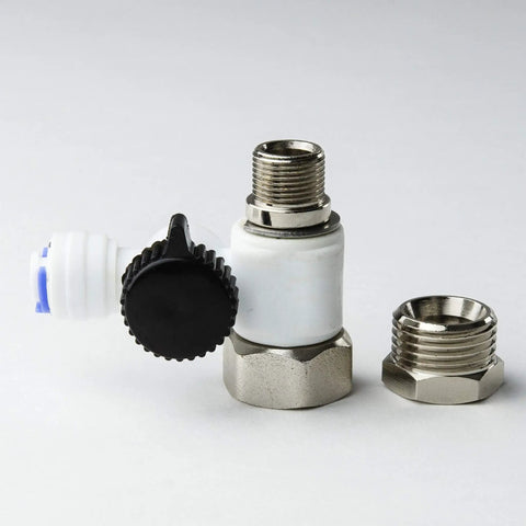 DIY Ready Feed Water Adapter For RO Systems With Push In Quick Connect Fittings No Tools Needed Fits Half Inch NPT And Three Eighths Inch COMP Cold Water Valve Ceramic Disk For Leak Free Smooth Operation shown with fittings and valve
