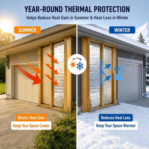 Top Notch Mineral Wool Acoustic Insulation Panels With Heavy Duty Aluminum Foil Backing Sound Dampening Heat Barrier Knock Out Noise And Block Drafts In Garages Or Sheds 24x24x1.6 Inch 4 Pack demonstrating heat gain and loss protection in summer and winter.