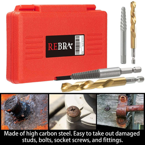 REBRA 14-piece screw extractor and left-hand drill bit set in red case, front view