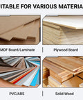 Image showing MDF board, plywood, PVC/ABS, and solid wood, highlighting materials suitable for the Pro Grade Edge Banding Trimmer For Woodworking 2026 Upgraded Edge Banding Tool With Hanging Strap Durable Edge Corner Planer Cuts Wood PVC ABS Veneer Smoothly Thick Blades For Faster Precision Finish.