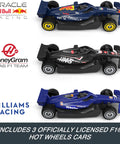 Three die-cast Formula 1 cars from Red Bull, Haas, and Williams with team logos. Formula 1 Grand Prix Circuit Track Set With 3 Die Cast 1 To 64 Scale Cars Two Racing Modes And A Motorized Booster For Totally Sick High Speed Laps Elevating Turns And Endless Track Action For Young Racers.