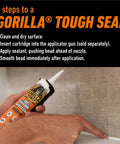 Side view of Gorilla 100% silicone sealant cartridge being applied along a tiled bathroom edge; white, 10 oz.